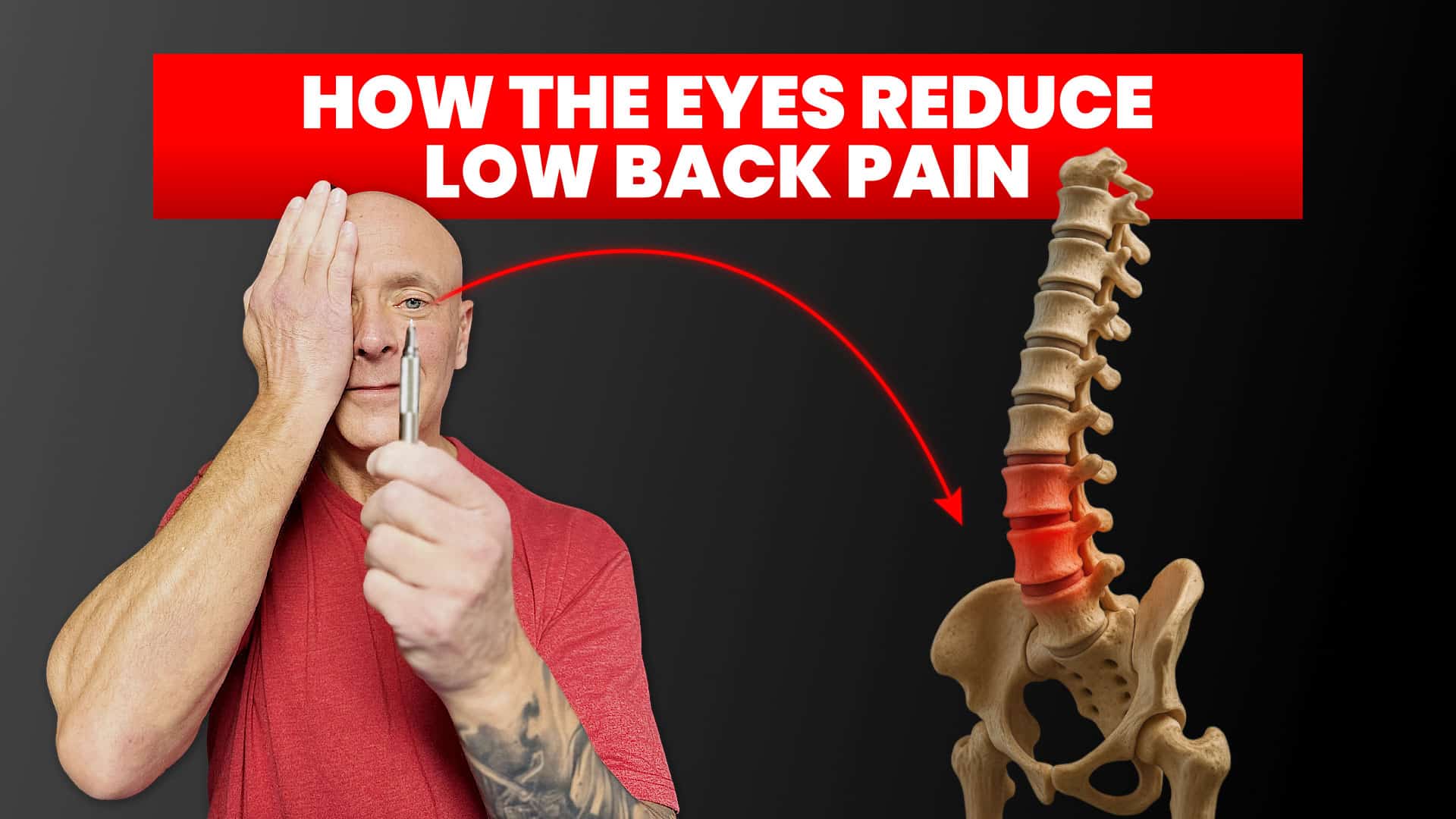 Neuroscience eye drills for low back pain relief. Man holding tool, spine with highlighted area, showing eye-back connection.