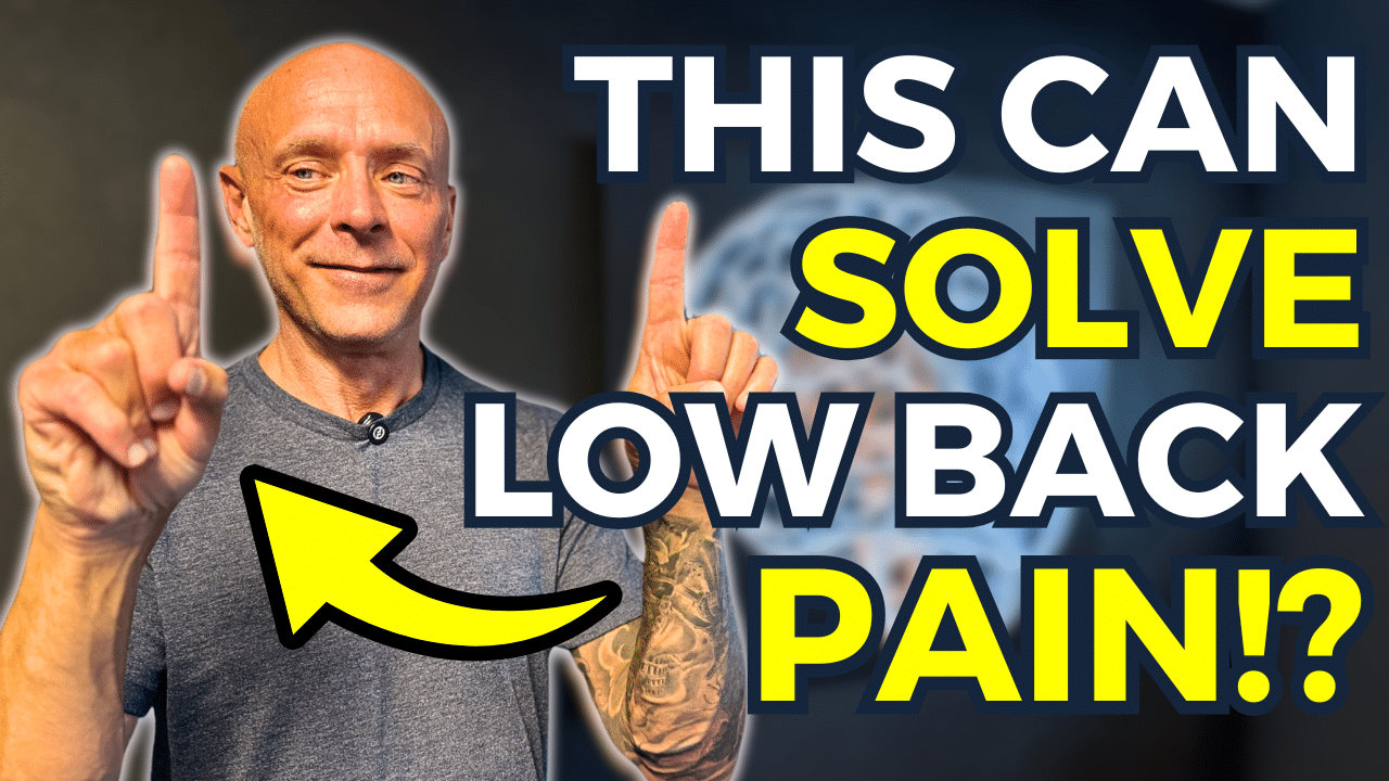 Low back pain solution? Man pointing to text. Overlooked test for back pain relief. Find the cause of lower back issues.