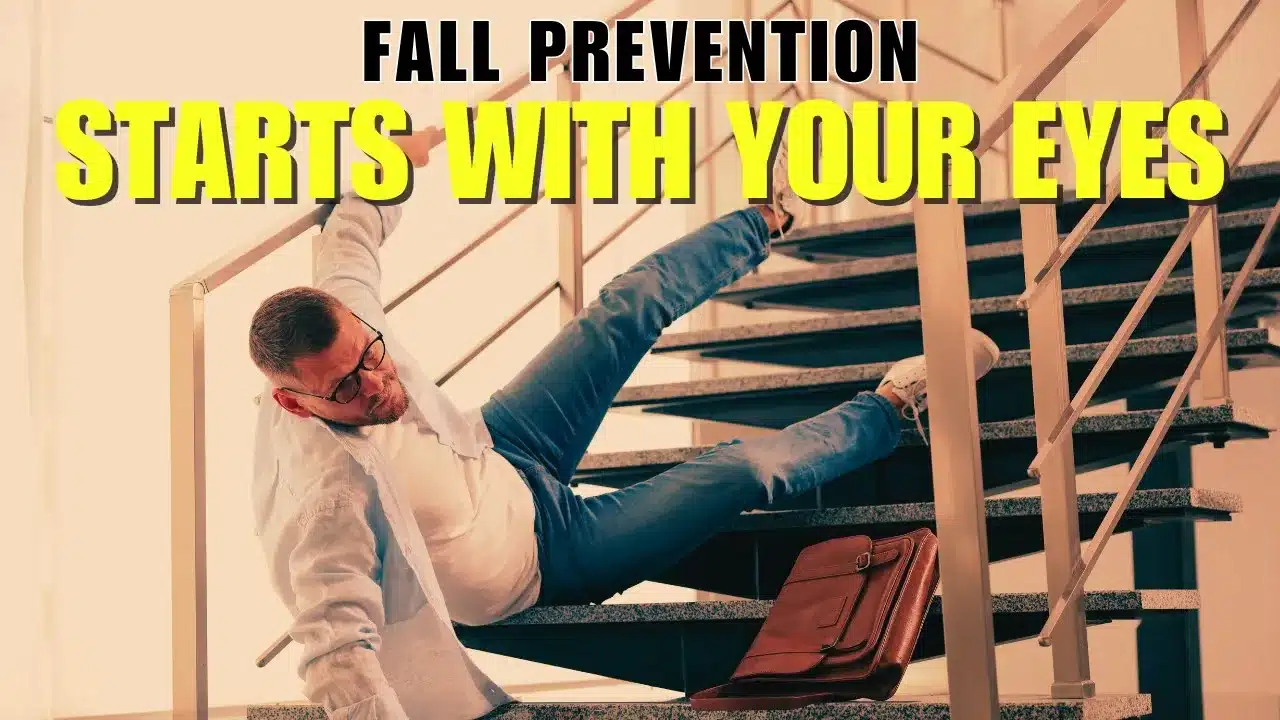 Fall prevention: Man falling down stairs, emphasizing vision's role in preventing accidents at home. Eye health for safety.