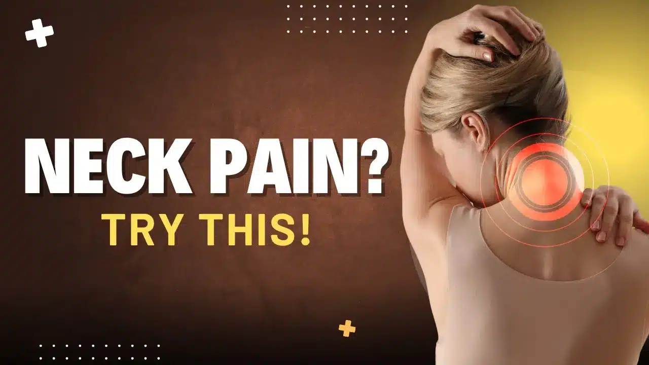 Neck pain relief exercise. Woman with neck pain. Try this breathing exercise for neck pain relief.